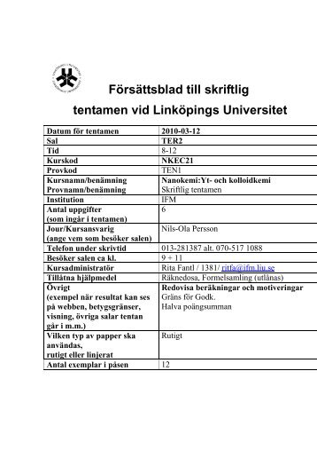 Försättsblad till skriftlig tentamen vid Linköpings Universitet - IFM