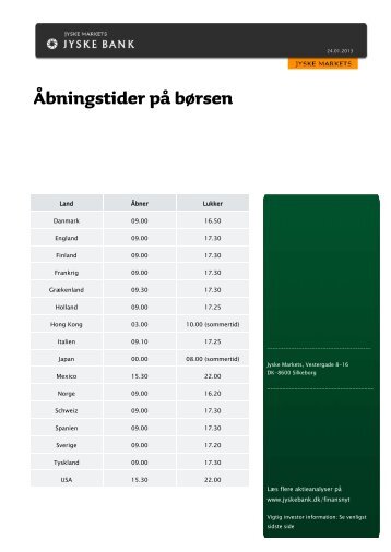 Åbningstider på børsen - Jyske Bank