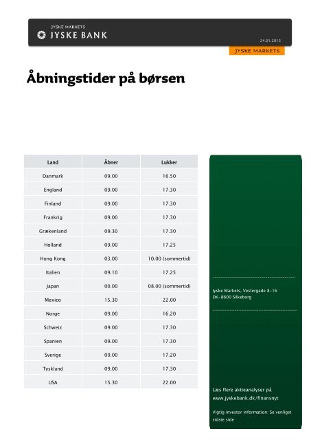Åbningstider på børsen - Jyske Bank