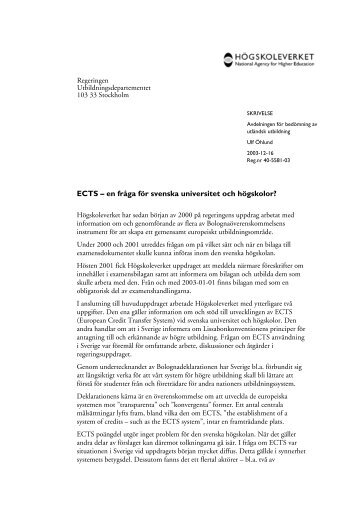 ECTS – en fråga för svenska universitet och ... - Högskoleverket