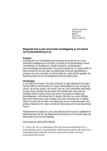 Klagomål mot Lunds universitets handläggning av ... - Högskoleverket
