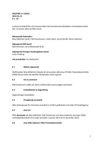 Svenska Kennelklubbens Freestylekommitté protokoll 1-2012