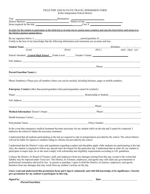 FIELD TRIP AND IN STATE TRAVEL PERMISSION FORM