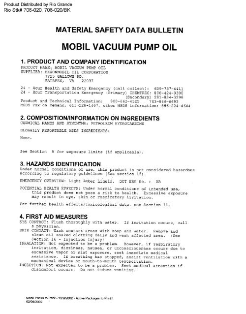 Mobil Vacuum Pump Oil MSDS Rio Grande