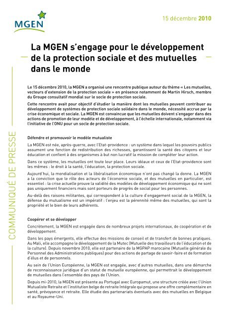 COMMUNIQUÉ DE PRES SE La MGEN s'engage pour le ...