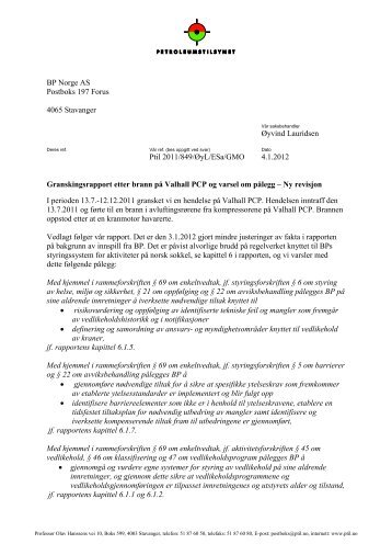Brev til BP med varsel om pålegg (pdf) - Petroleumstilsynet