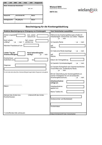 Bescheinigung für die Krankengeldzahlung - Wieland BKK