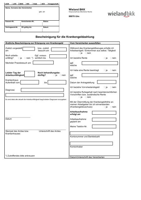 bescheinigung fur die krankengeldzahlung wieland bkk