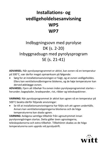 Installationsanvisning - Witt Hvidevarer A/S