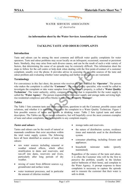 Fact Sheet 7 Investigating Taste and Odour Complaints