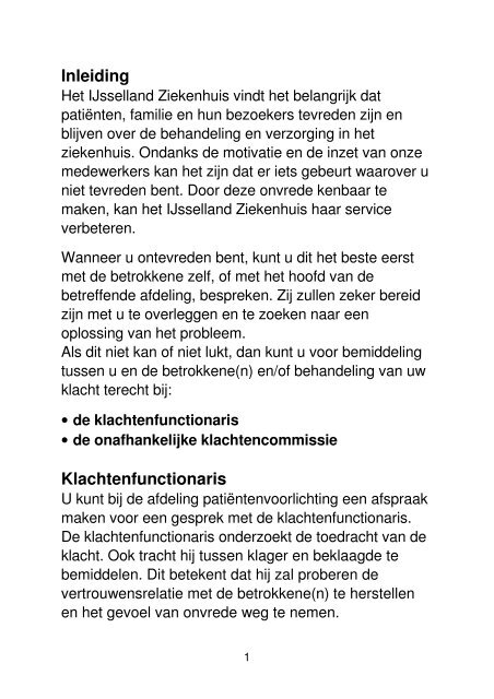 folder 'Klachtenprocedure' - IJsselland Ziekenhuis