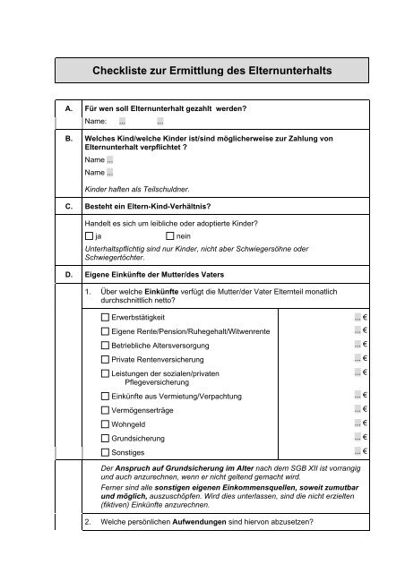 Checkliste zur Ermittlung des Elternunterhalts - Caritas NRW