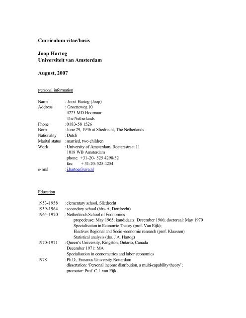 Curriculum vitae/basis Joop Hartog Universiteit van Amsterdam ...