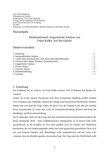 Franz Kafka Auf Der Galerie Interpretation linguistische Analyse von Franz Kafka: Auf der Galerie