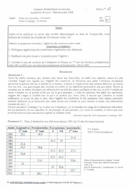 Sciences économiques et sociales Likte des sujets d'oral du ...