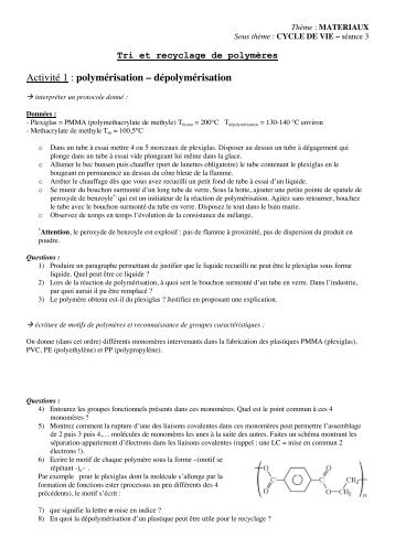 Activité 1 : polymérisation – dépolymérisation