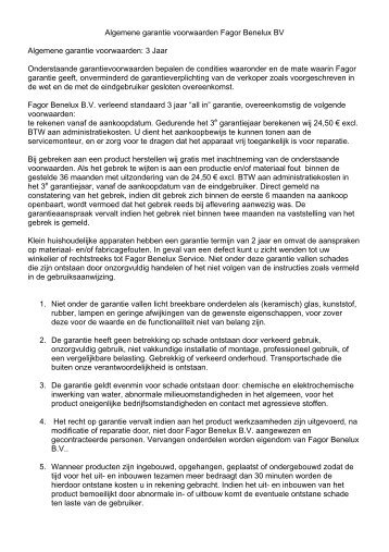 Algemene garantie voorwaarden Fagor Benelux BV Algemene ...