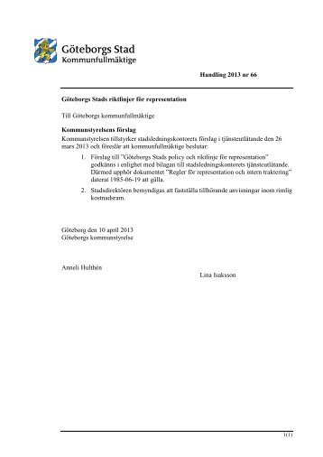 Handling 2013 nr 66 Göteborgs Stads riktlinjer för representation Till ...