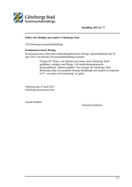 Policy och riktlinje mot mutor i Göteborgs Stad