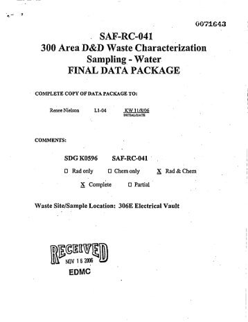 SAF-RC-041 300 Area D&D Waste Characterization ... - Hanford Site