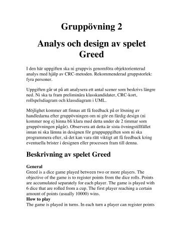 Gruppövning 2 Analys och design av spelet Greed