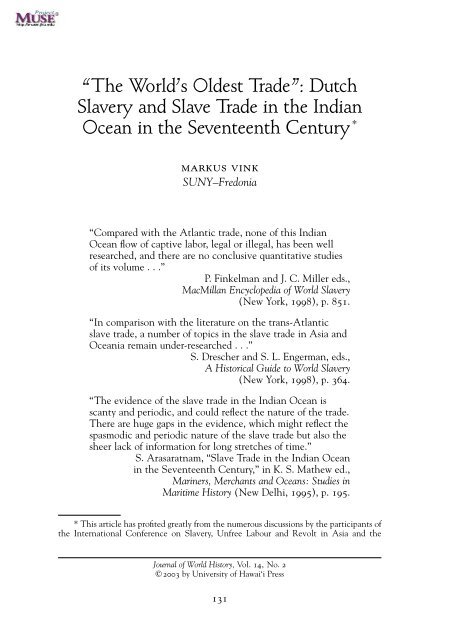 Dutch Slavery and Slave Trade in the Indian Ocean