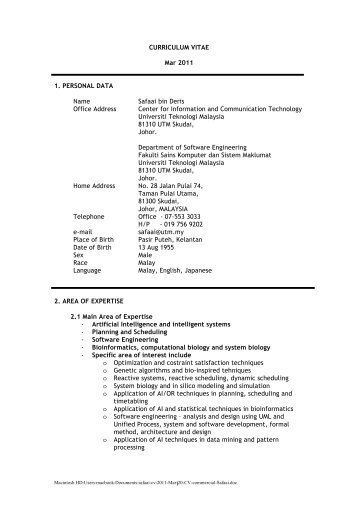 CURRICULUM VITAE Mar 2011 1. PERSONAL DATA Name Safaai ...