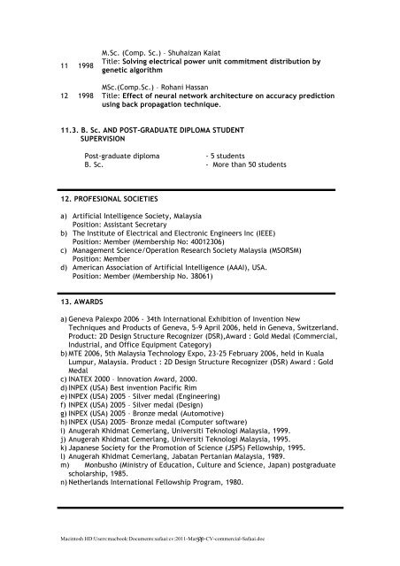 CURRICULUM VITAE Mar 2011 1. PERSONAL DATA Name Safaai ...