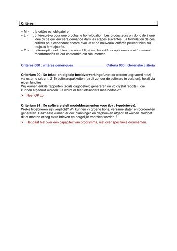 Critères « M » : le critère est obligatoire « L » : critère prévu pour une ...