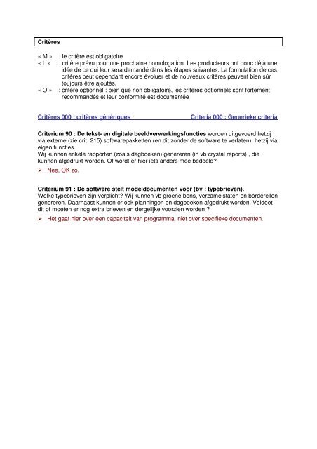 Critères « M » : le critère est obligatoire « L » : critère prévu pour une ...
