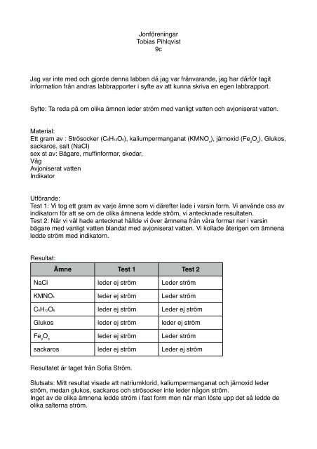 jonföreningar labbrapport