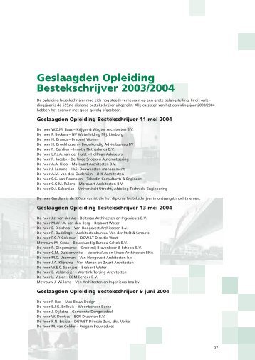 Geslaagden Opleiding Bestekschrijver 2003/2004 - Stabu