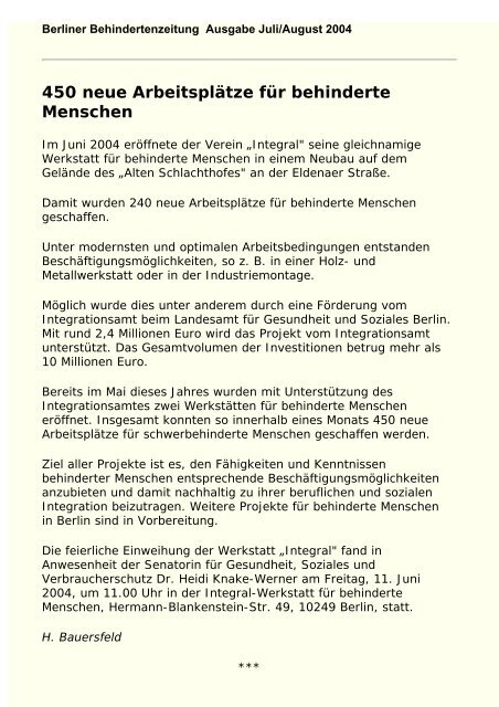 der Ausgabe 7-8/2004 - Berliner Behindertenzeitung