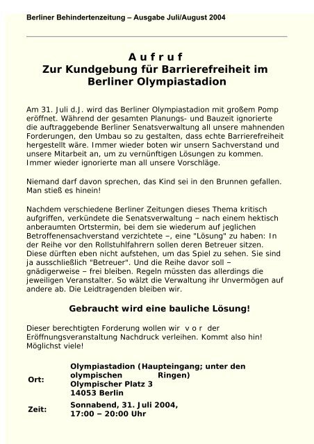 der Ausgabe 7-8/2004 - Berliner Behindertenzeitung