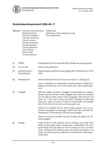 Studierådsmötesprotokoll 2008--09--17 - D-sektionen