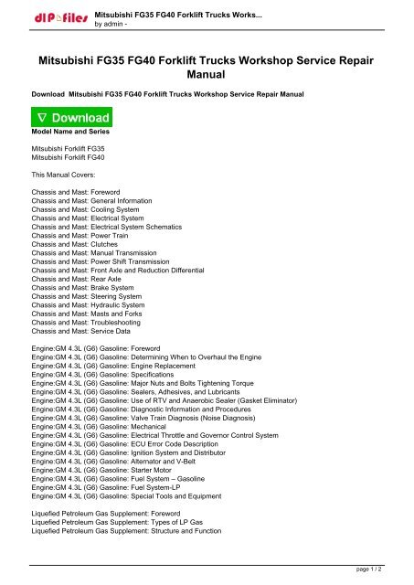 Mitsubishi FG35 FG40 Forklift Trucks Workshop Service Repair Manual