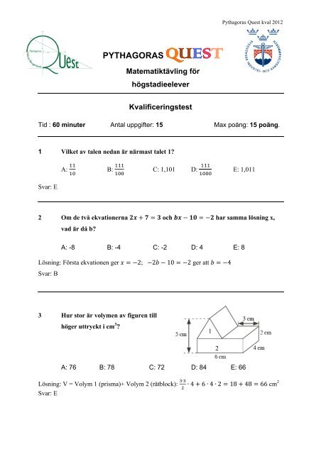 Kvaltest 2012 med svar och lösningar - Pythagoras Quest