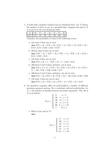 1. A mail-order computer business has six telephone lines. Let X ...