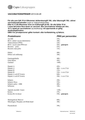 Prislista vaccinationer - Vacc