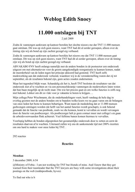 Weblog Edith Snoey 11.000 ontslagen bij TNT - Donselaria