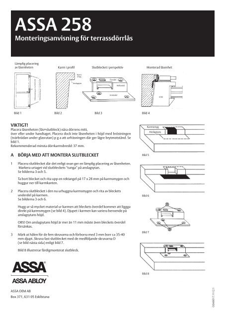 ASSA 258 Terrassdörrlås, monteringsanvisning - ASSA OEM