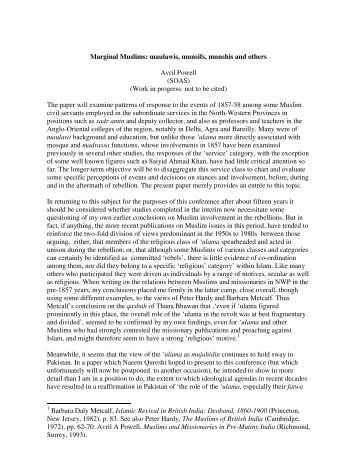 Marginal Muslims: maulawis, munsifs, munshis and others Avril Powell