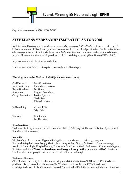 SFNR:s verksamhetsberättelse år 2006