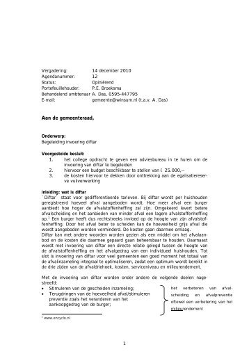 Begeleiding invoering Diftar - Besluitvorming gemeente Winsum