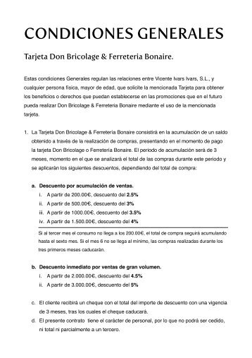 condiciones generales de la tarjeta de fidelización - Ferreteria Bonaire