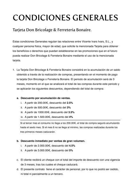condiciones generales de la tarjeta de fidelización - Ferreteria Bonaire