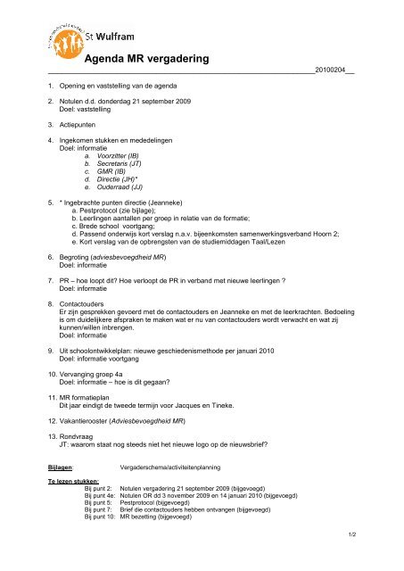 Agenda MR vergadering  Basisschool St. Wulfram