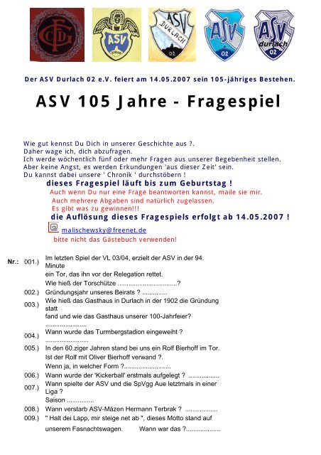 ASV 105 Jahre - Fragespiel - ASV Durlach