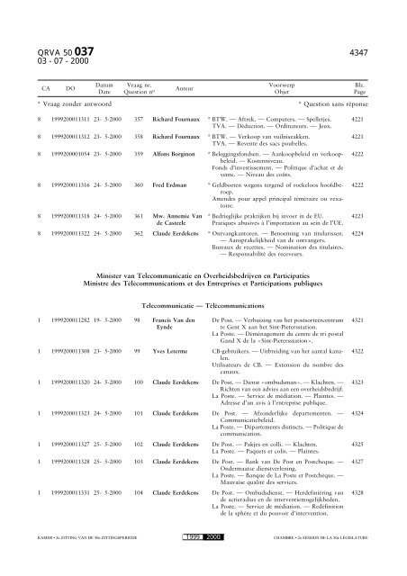 Schriftelijke vragen en antwoorden Questions et ... - de Kamer