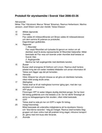 Protokoll för styrelsemöte i Sverok Väst 2006-03-26